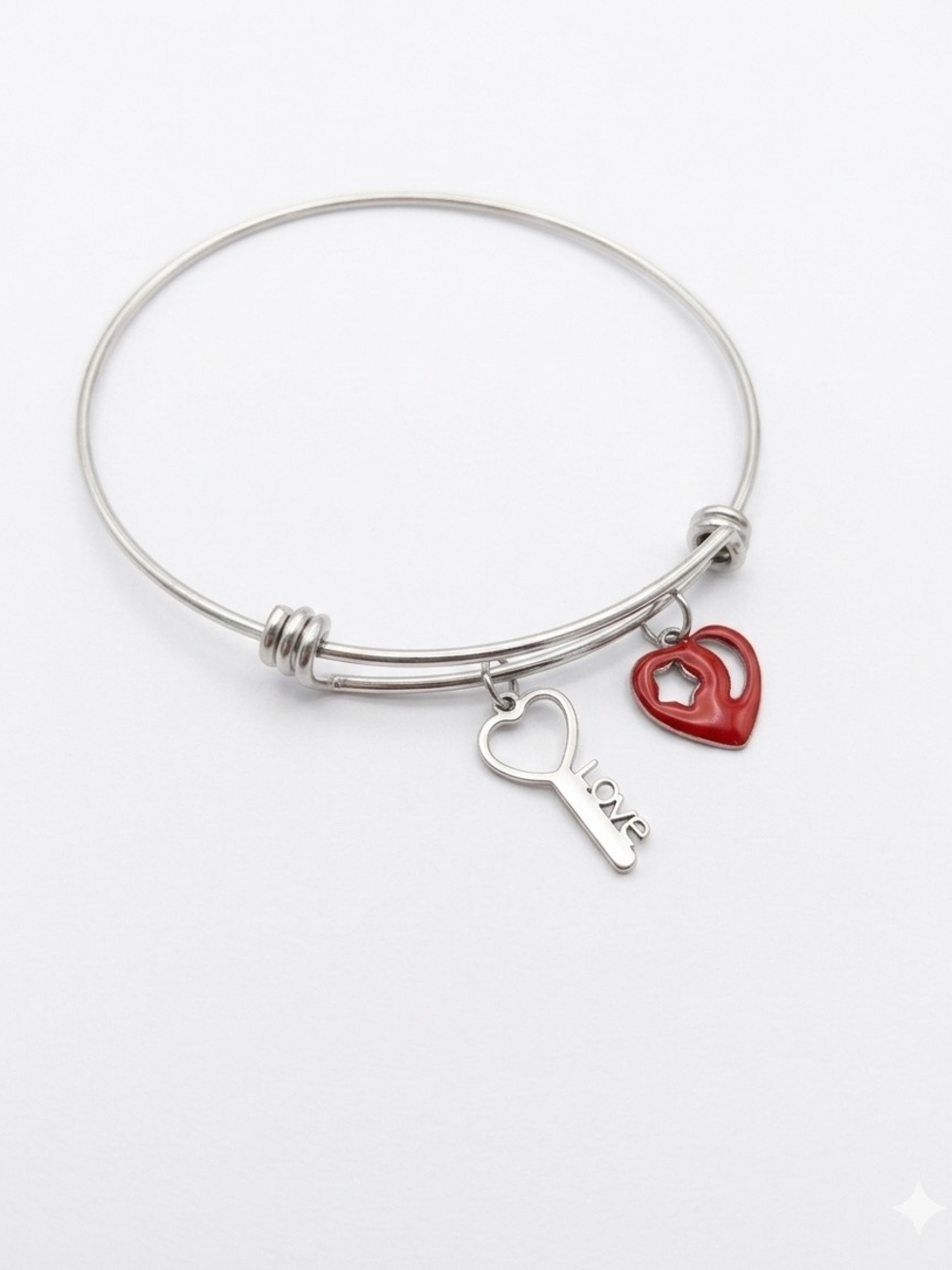 Silver Stainless Steel Key & Red Heart Charm Bangle Bracelet